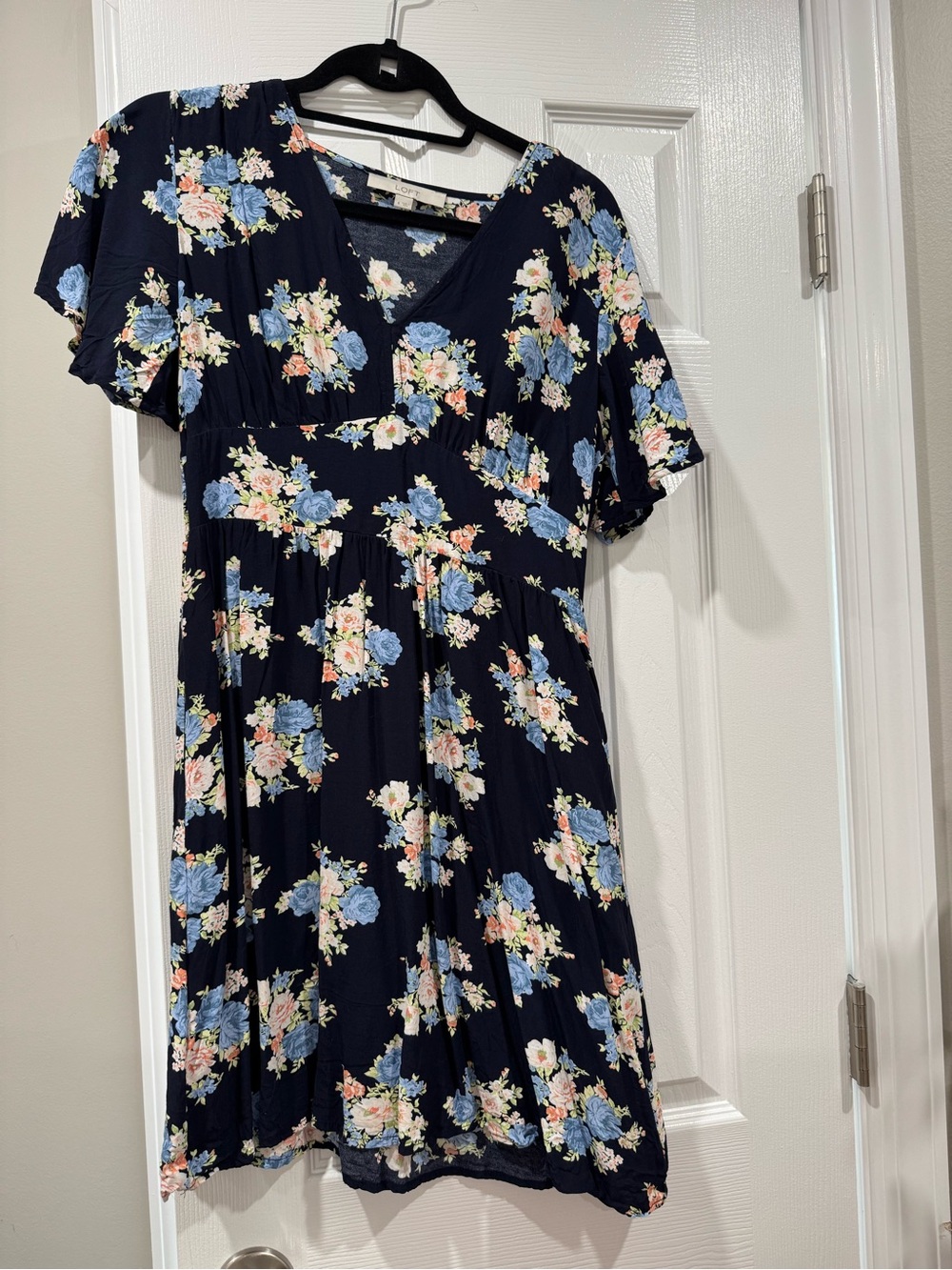 LOFT Navy Floral V-Neck Dress Top with Blue and Cream Flowers